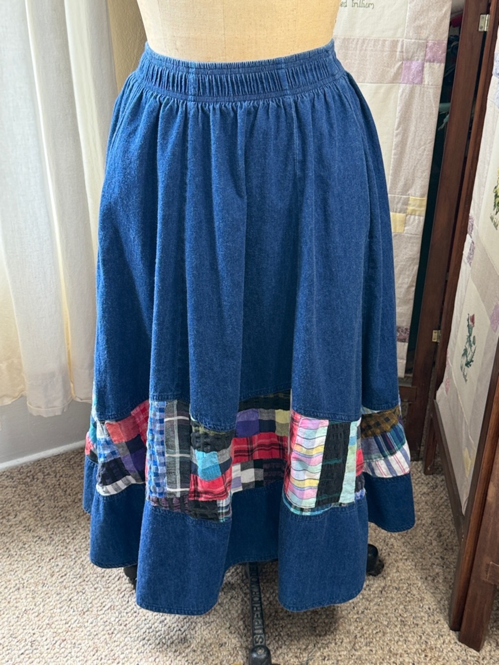 Vintage 80/90s Patchwork Denim Skirt Starfire Elastic Waist Prairie Boho Pockets